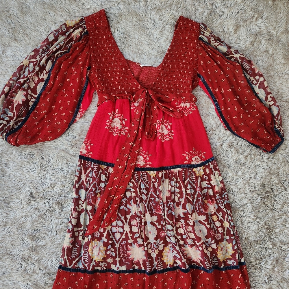 Free People Bali Laurel Maxi Dress Long Sleeve Cut-out Back Red Women's - Picture 5 of 15